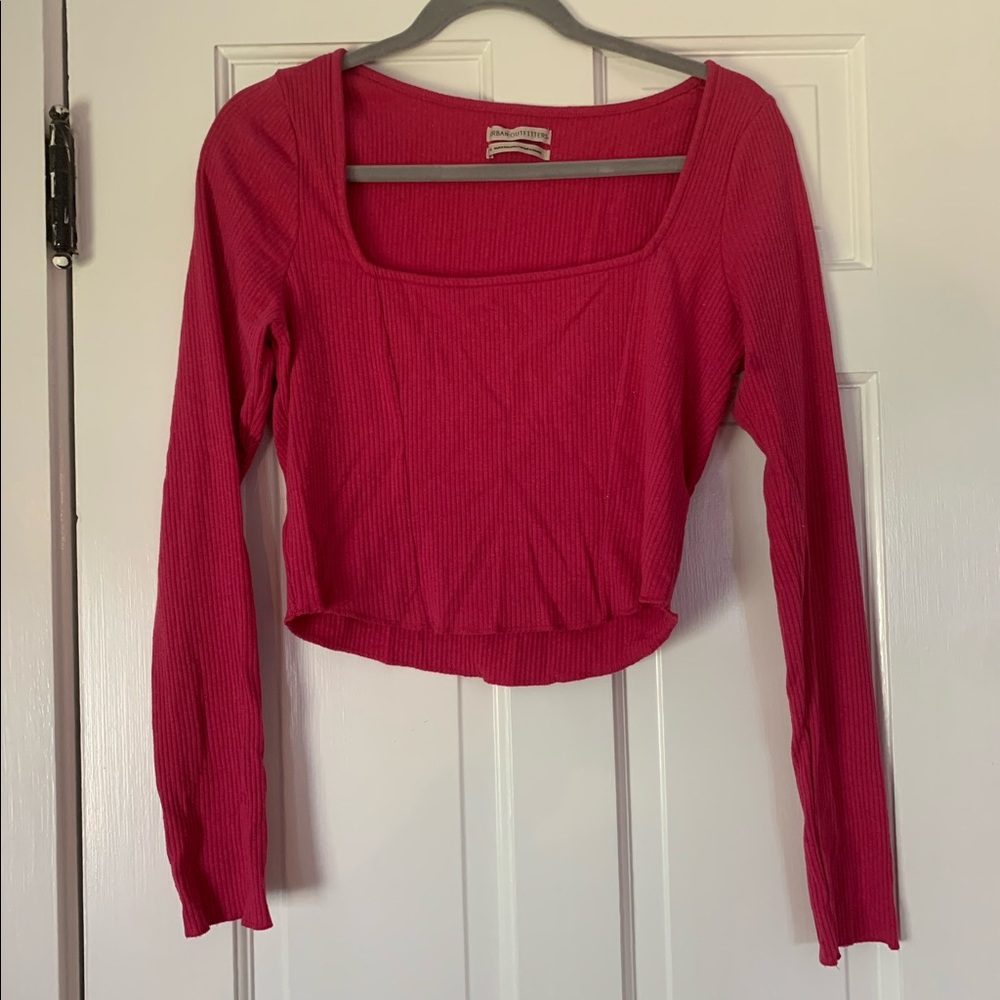 Urban Outfitters Pink Squareneck Longsleeve Cropped Shirt, Size Large